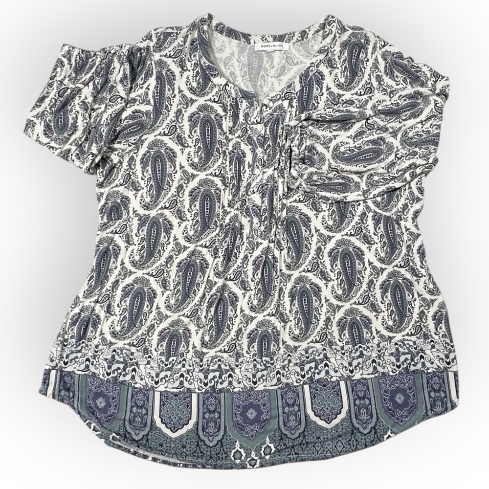 Rose + Olive Womens Blue Multicolor Boho Floral‎ Blouse Smock Top Sz 2X Peasant